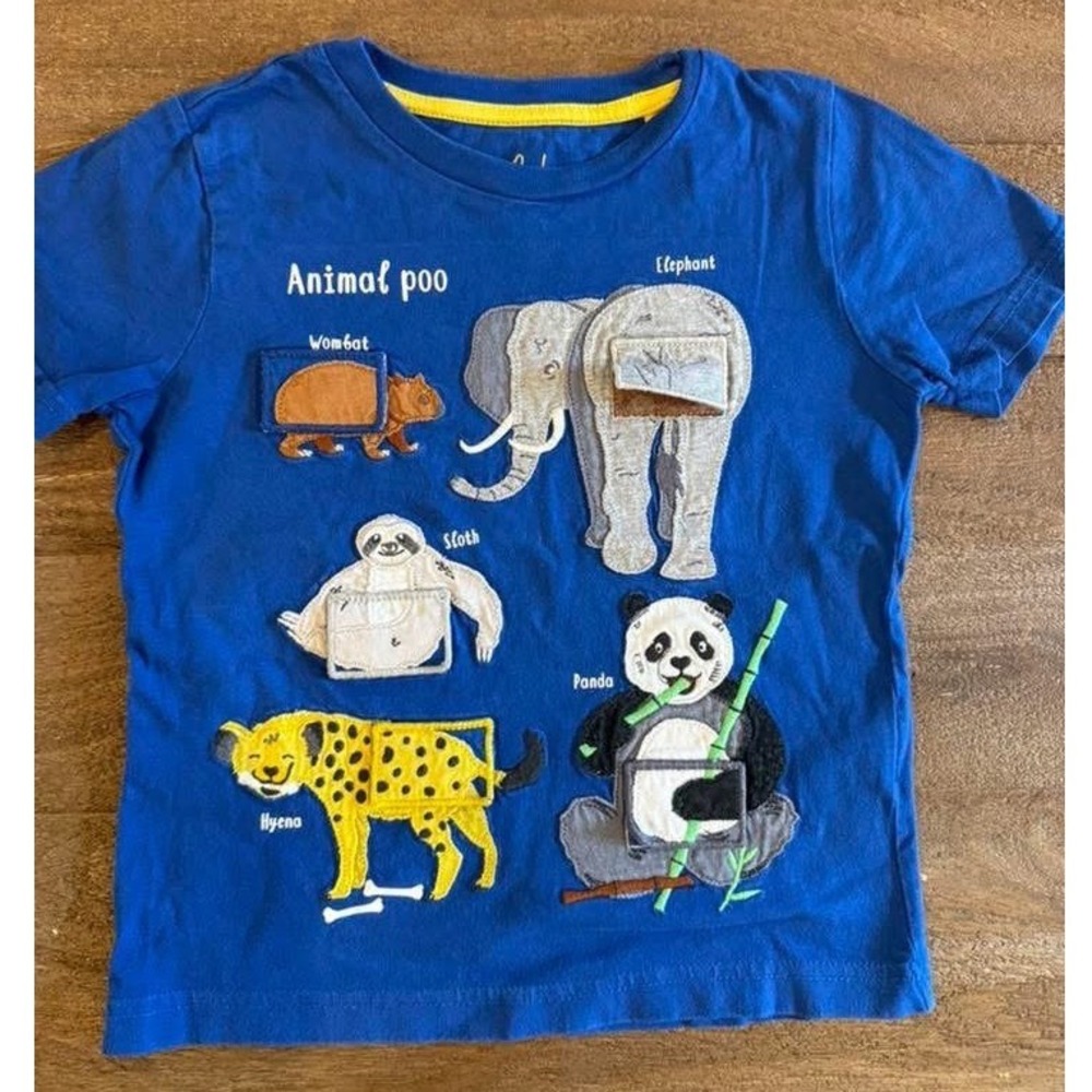 Mini Boden Boys Blue Rare and HTF Animal Poop Lift the Flap tee sz 3-4Y